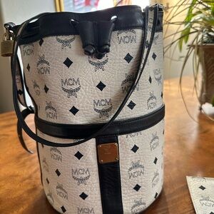 MCM Monogrammed White and Black Bucket Bag